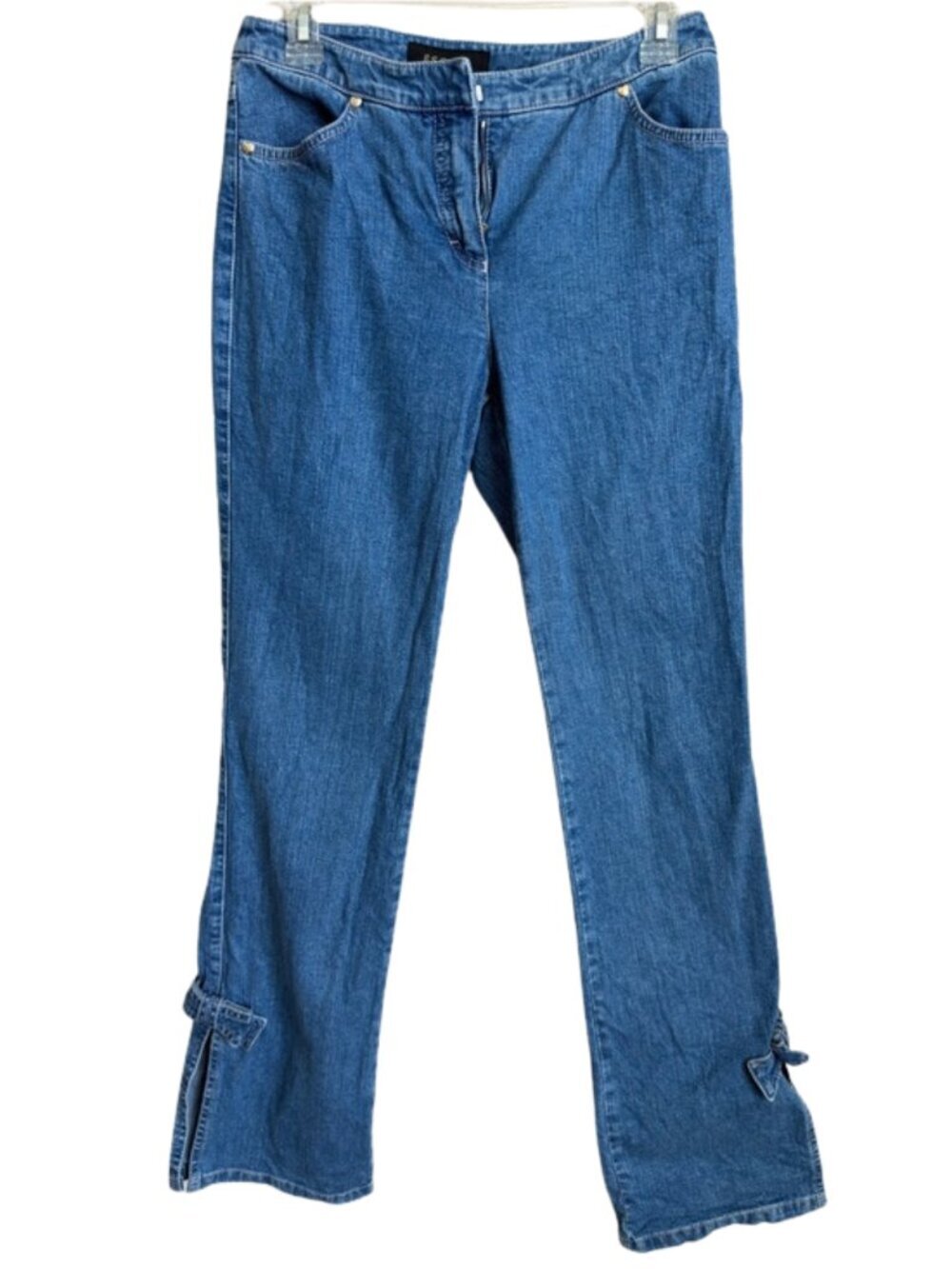 Escada Blue Stretch Jeans 36 US 6 Straight Leg Bow Split Hem Heart Patch Luxury